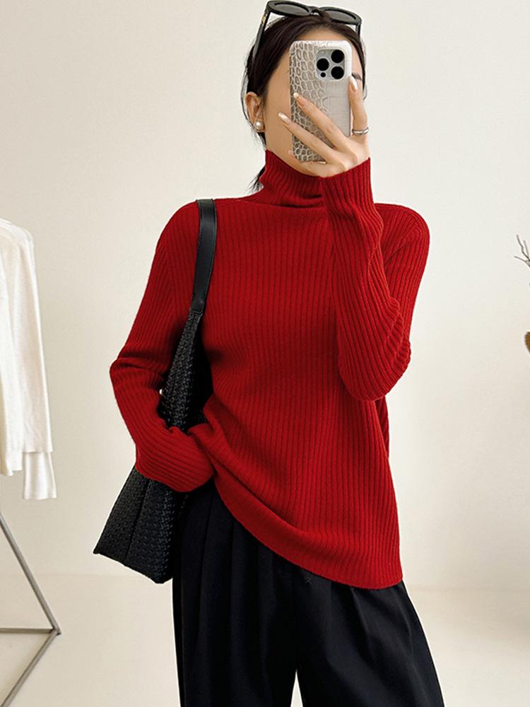 Ribbed High Neck Wool Sweater: Solid Color, Slim Fit, Long Sleeve, Korean Chic Style