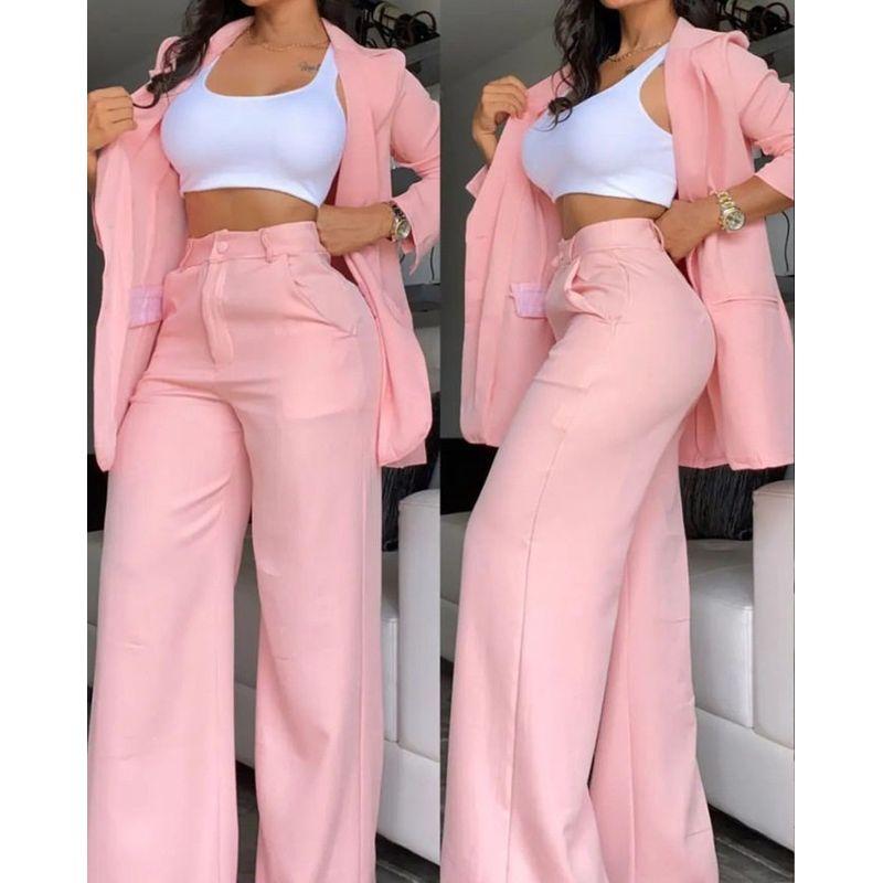 2025 European and American Foreign Trade Summer Women's Clothing Elegant Solid Color Split-Sleeve Lapel Blazer Straight-Leg Pants Suit for Women