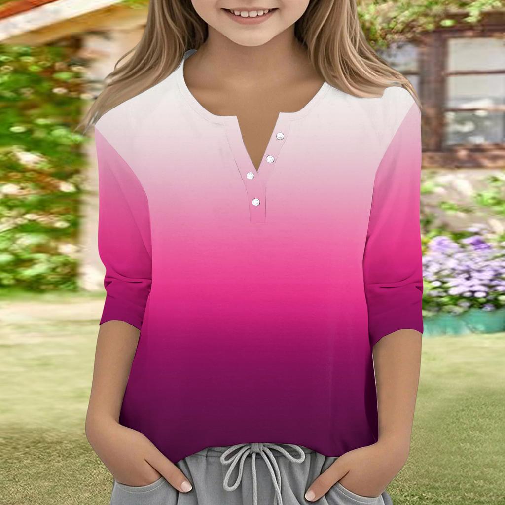 Print Tops For Youth Girls V Neck Button 3/4 Sleeves T-Shirts Trendy Tops Outfit Tees