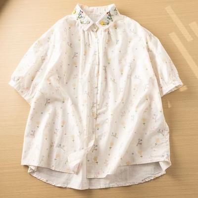 Embroidered Collar Floral Pure Cotton Shirt Women's Summer Loose Breathable Soft Micro Elastic Mori Versatile Literary and Artistic Fan Top Women