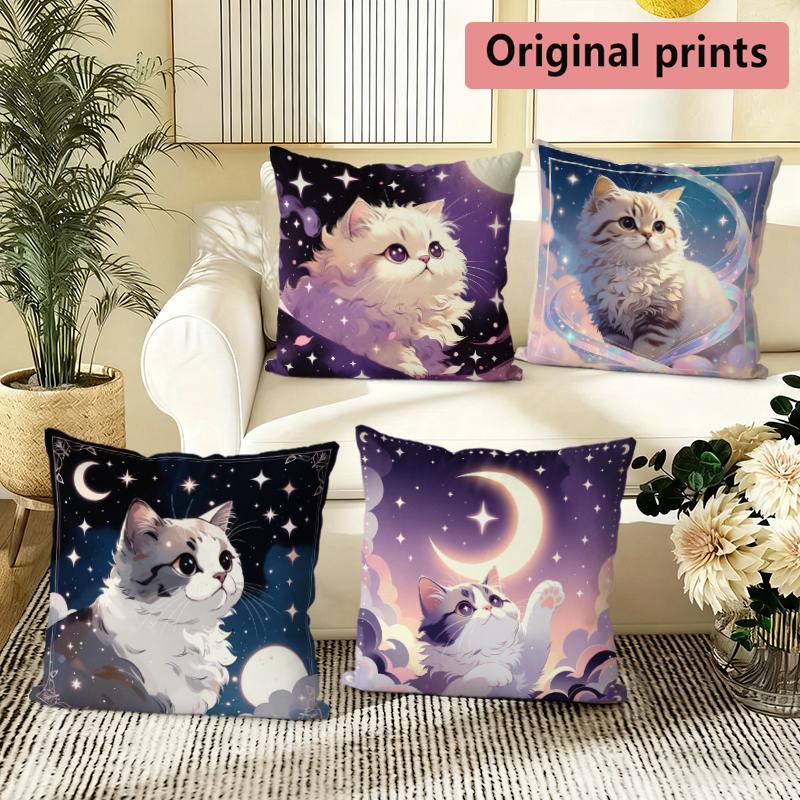 Starry Sky Cute Cat Print Throw Pillow Covers Pattern Cushion Cover Suitable For Sofa Bedroom Car Pillow Cover