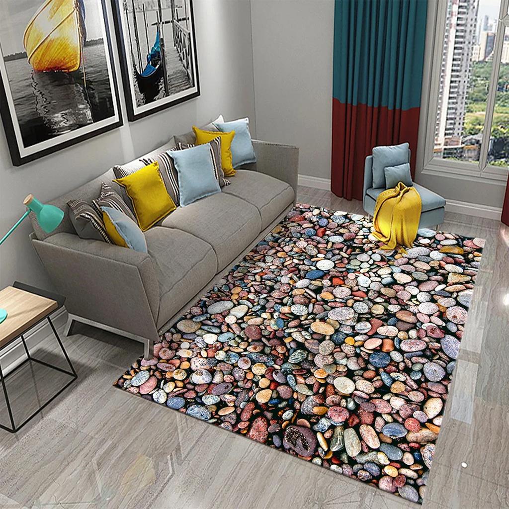 3D Black Stone Carpet Cobblestone Pattern Rug Texture Rectangle Area Rugs Living Room Bedroom Decor Polyester Yoga Floor Mat