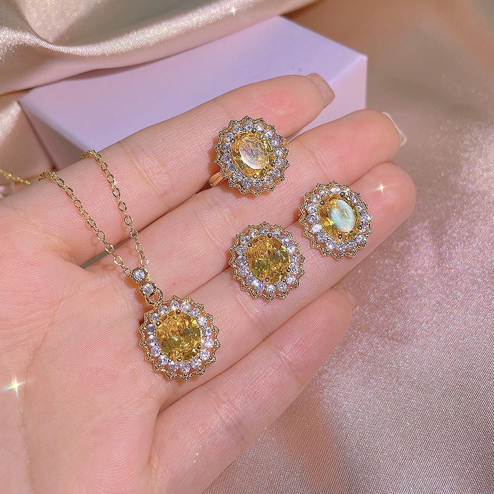 Group Inlaid with Yellow Diamond Rings, Pendants, Stud Earrings, Necklaces, Trendy Temperament Jewelry Three-piece Set 2026 45CM