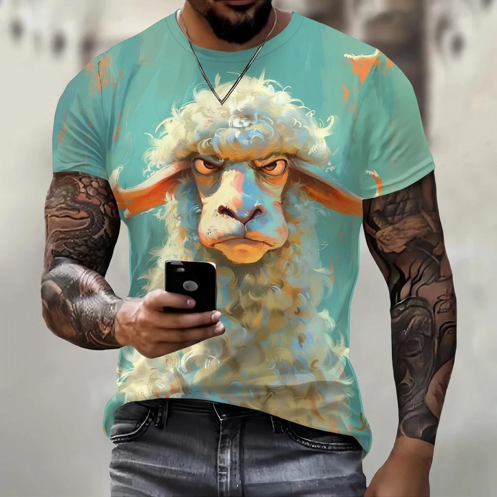 Trendy hip-hop clothing, fun 3D sheep print men's street casual O-neck short sleeved T-shirt, fashionable and loose summer top