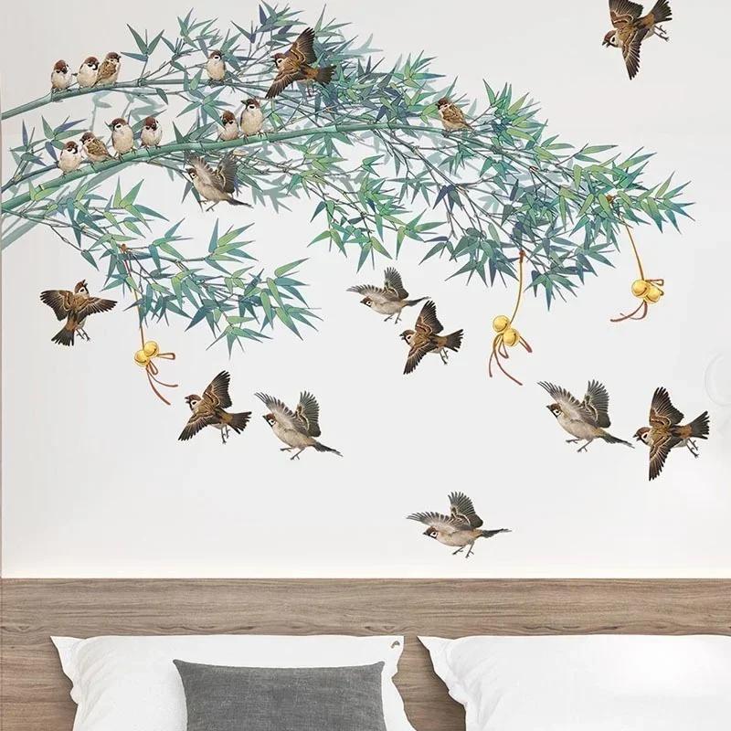Pretty Hinese Ink Painting Bamboo Birds Wall Sticker 2025 Creative Sofa Background Ornament Vinyl Wall Decals Home Decoratioin