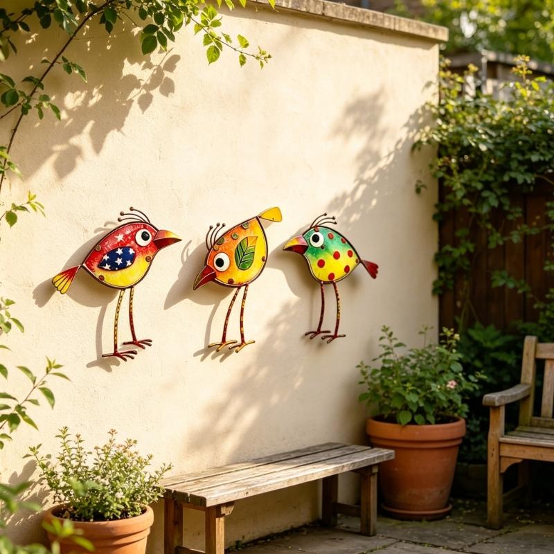 Garden Cartoon Bird Wall Art Decors Set of 3 Colorful Acrylic Hanging Art Piece Plaque for Fence or Wall Decorative Ornaments