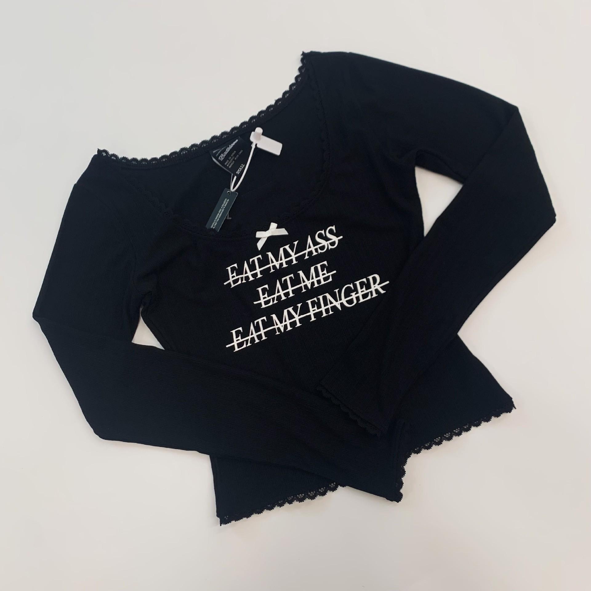 Korean Spicy Girl Lace Patchwork Slim Fit Long Sleeve T-Shirt S (Special Price, No Returns/Exchanges)