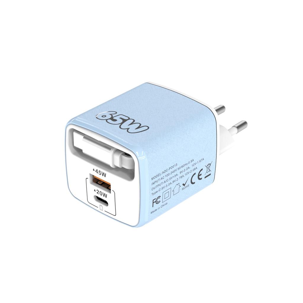 65W GaN Fast Charger with USB, PD, Type-C Retractable Cable, Multi-Port EU/UK Plug.