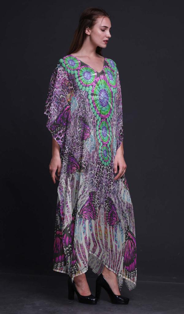 Phagun Butterflies & Leopard Animal Skin Beach Kaftan Bikini Cover Up Womena    S Maxi Dress Long