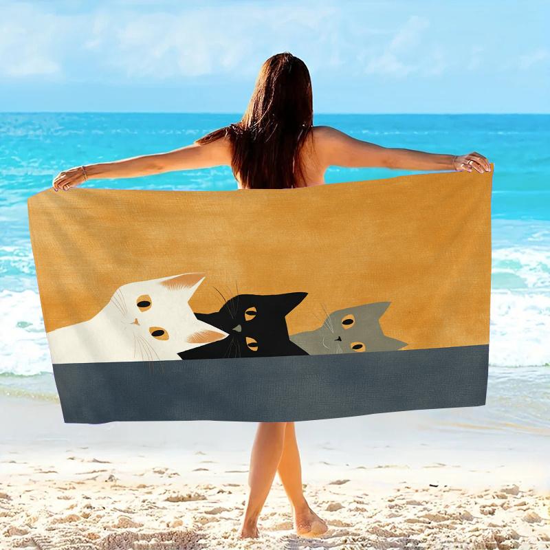 

Peeking Cats Beach Towel, Black Gray White Minimalist Illustration Warm Cool Texture Soft Microfiber Unisex for Swimming Camping W30*H60(CM)