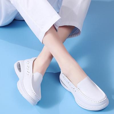 Women's Thick Soled Work Shoes Soft Soled Leather Breathable and Non-slip Nursing Shoes White Hollow Wear-resistant Casual Shoes