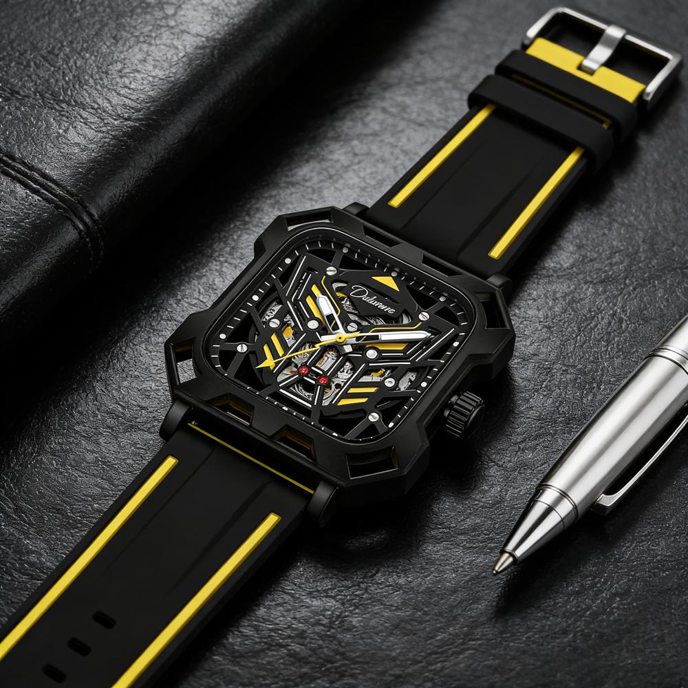 Fashion Automatic Mechanical Watch For Men Luxury Waterproof Men Watch Square Transparent Hollow Design Sports Wristwatches