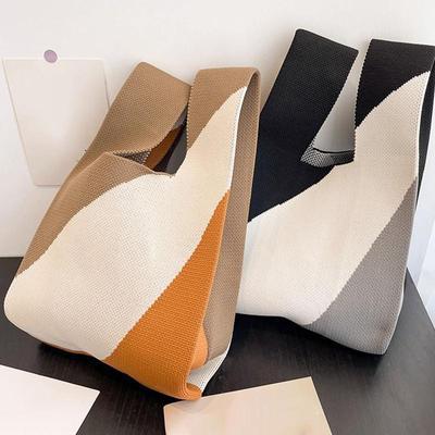 Black White Knit Handbag Handmade Tote Bag Reusable Shopping Bags Women Girls Casual Knot Wrist Bag Outdoor Storage Bag CLE