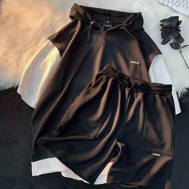 Summer Men's Fashion Waffle Short Sleeve T-shirt Two-Piece Men's Casual Comfort Large Size High-Quality Sports Set