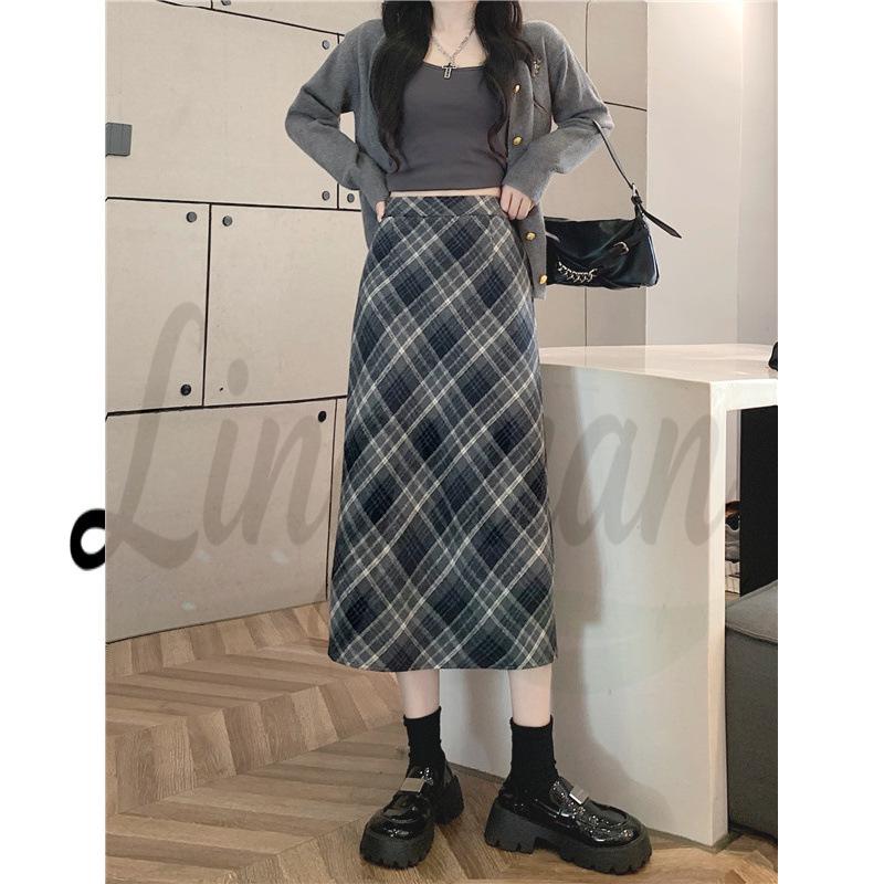 Plus Size Women s Korean Style Retro Plaid Wool High Waist Mid-Length Skirt S