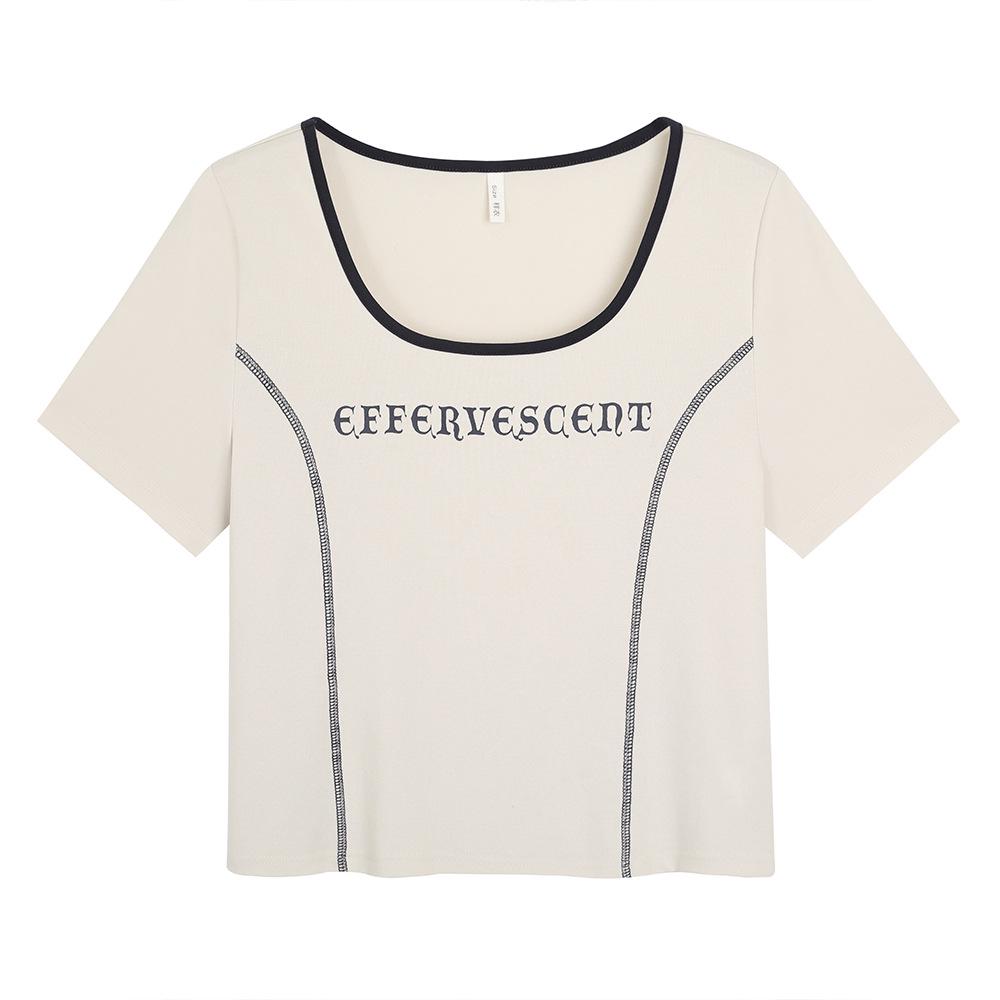 

Plus Size Korean Style Color Block U-Neck Letter Print Short-Sleeve T-Shirt for Curvy Women 4XL (180-200 kg recommended) абрикосовый