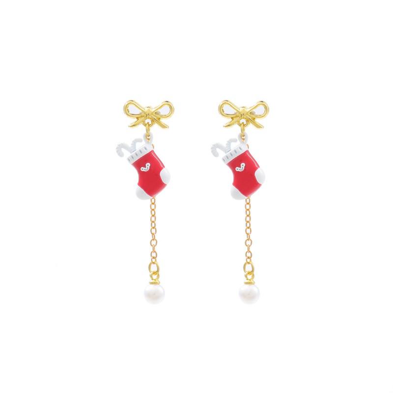 Minimalist Christmas Pendant Earrings With Santa Head Bow Sock Charm Zinc Alloy Stainless Steel Studs Women