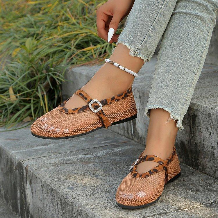 Women's Wide Width Rhinestone Flats, Fishnet Mary Janes Slip-Ons, Breathable Soft Sole Sandals for Women