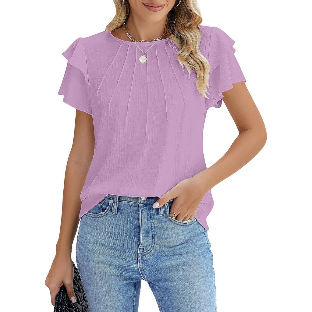 Damenmode Locker geschnitten Rundhals Falten Pullover T-Shirt Kurzarm Top