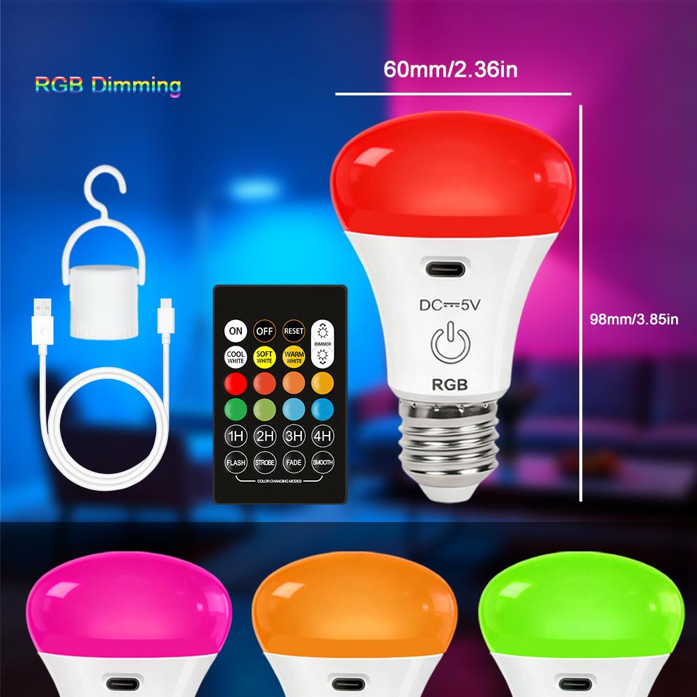 E27 Wireless RGB/CW Stepless Dimming USB Rechargeable Light Bulb with Remote Control Battery-Powered Light Bulb Dimmable/Timer