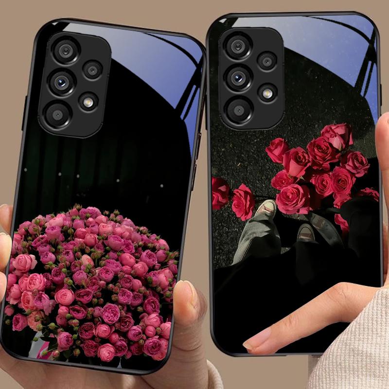 Rosa Rosenblüten Für Samsung Galaxy S10 S20 Plus S21 FE S22 S23 S24 FE S25 Ultra Schwarz Gehärtetes Glas Handyhülle Hartschale