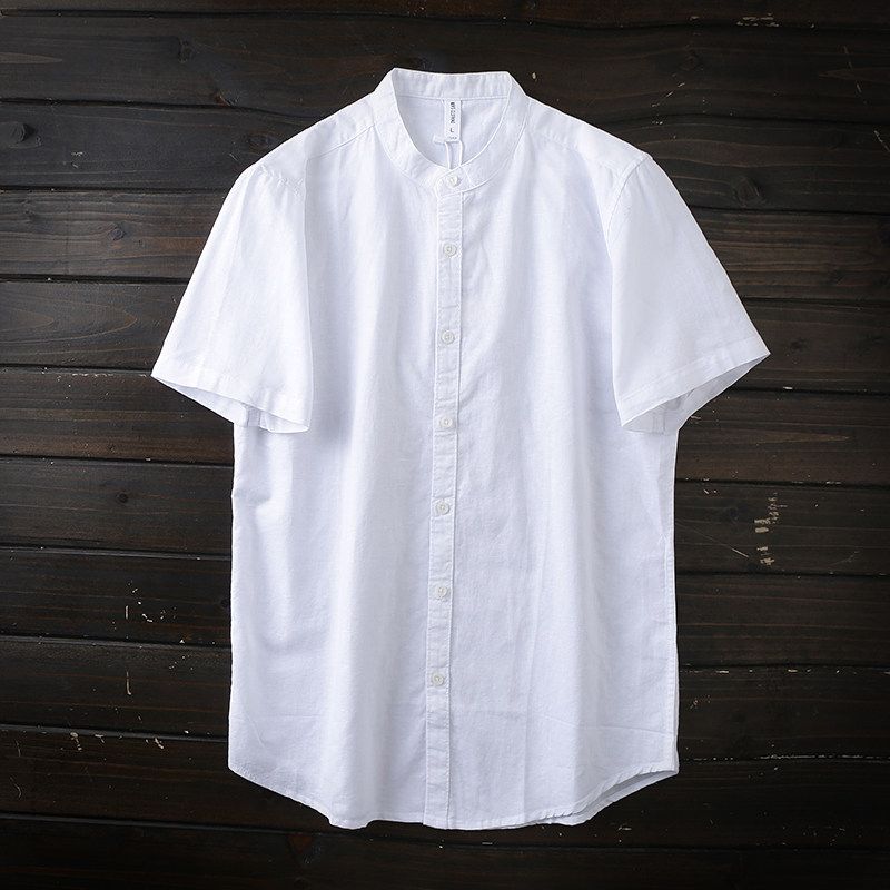 Cotton and Linen Washing Process! Export Tail Goods Summer Men Small Stand Collar Pure Color Linen Breathable Short Sleeve Shirt Top