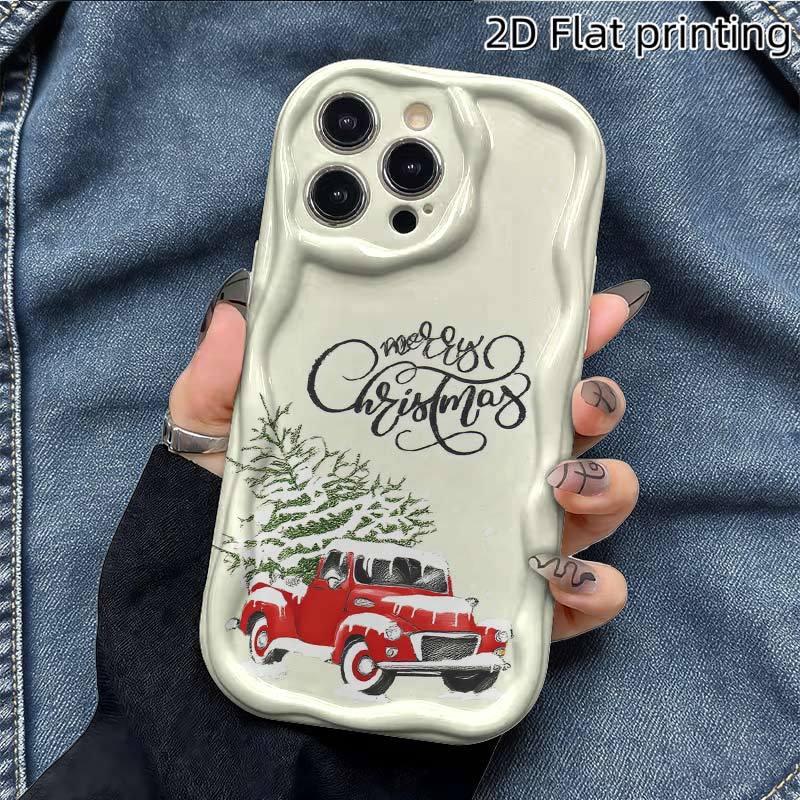 Vintage Red Truck Christmas Tree Phone Case for iPhone 16 15 14 13 12 11 Pro Max, Cream Wavy Edge Soft TPU Protective Cover