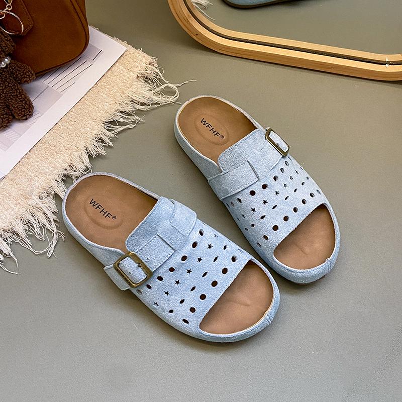 

Обувь для женщин 2025 Новые женские шлепанцы с открытым носком для улицы, пляжа, повседневной носки, летние, с ремешком и пряжкой, удобные плоские шлепанцы 35 порошок синий