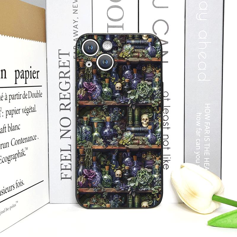 Vintage Totenkopf Blume Bücherregal Bemalte Handyhülle für IPhone 16 12 11 14 13 15 Pro Max Mini X XS XR SE2020 7 8 14Plus Weiche Hülle