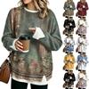Women's Flannel Floral Print Top Round Neck Two Piece Spliced Blouse for Casual Wear