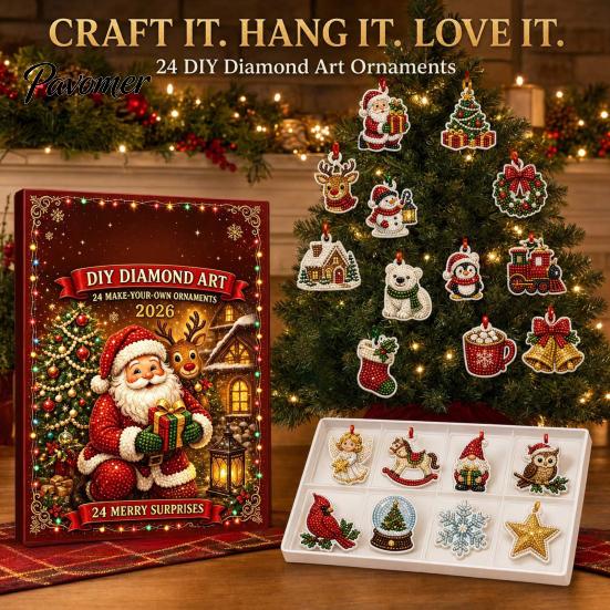 Holiday Home Crafting Kits Christmas Ornament Advent Calendar, Faux Diamond Art DIY Kit, Creative Gift for Teachers Sparkling Hanging Ornaments