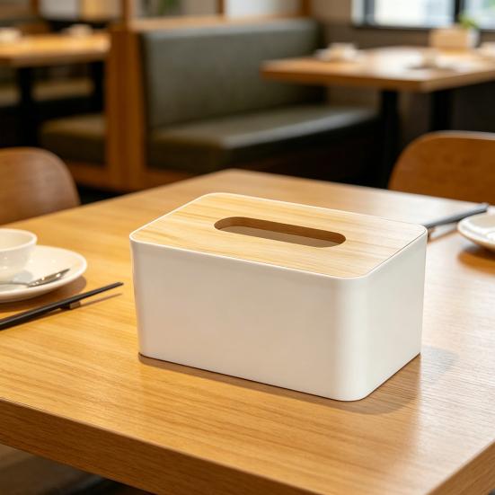 Tissue Box with Solid Wood Lid, Waterproof Design, Long Paper Opening Tissue Dispenser for Home Office