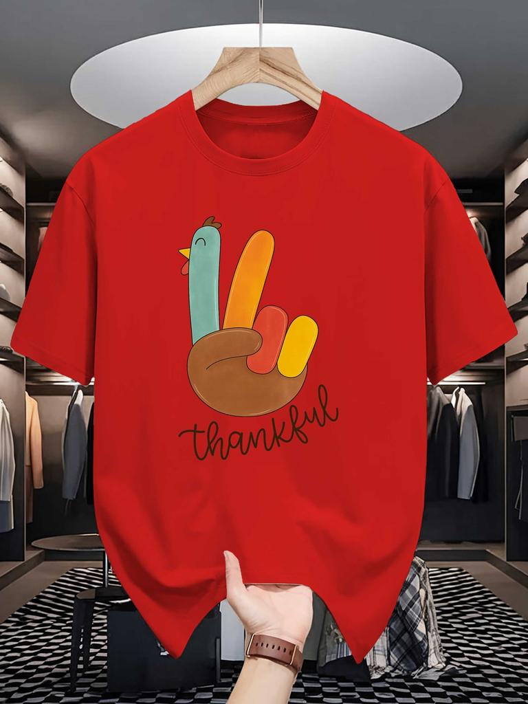 Unisex Short Sleeve T Shirt Thankful Turkey Peace Hand Thanksgiving Graphic Tees Loose Fit Casual Unisexs Top For Holiday Street Wear
