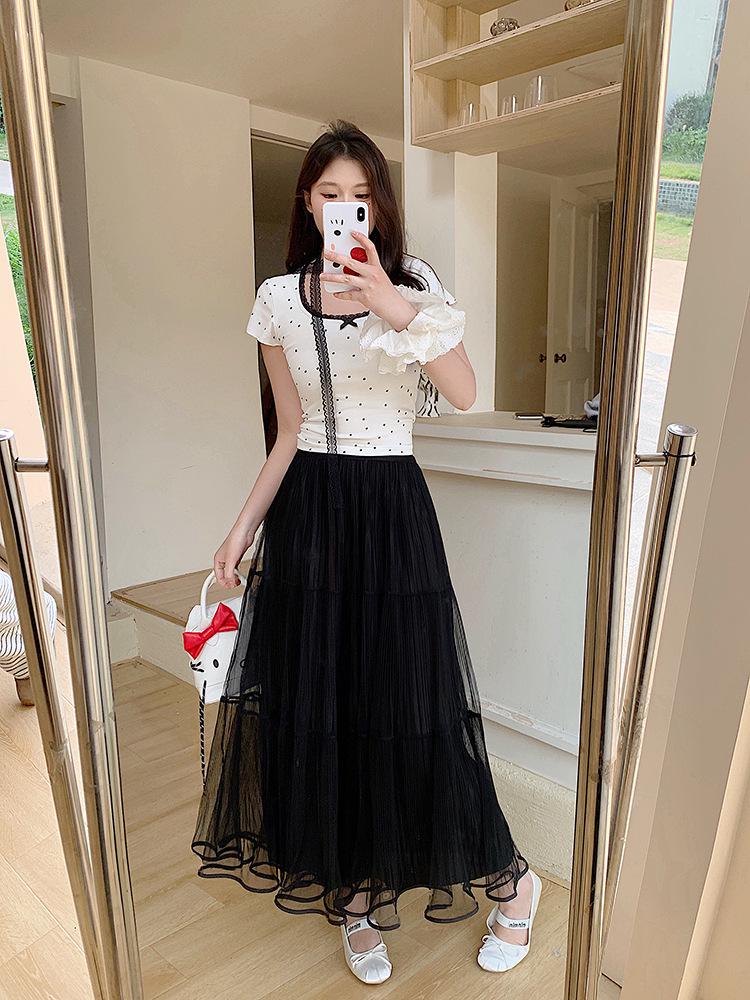 

2026 Spring/Summer Plus Size Women s Korean-Style Sweet Elastic Waist Patchwork Midi Skirt 3XL чорний