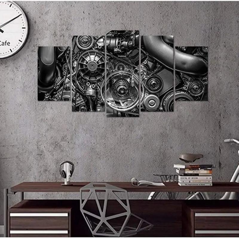 No Framed Canvas 5 Panel Engine Engineering Closeup Gear and Chain HD Decorative Wall Art Posters Pictures Home Decor Paintings