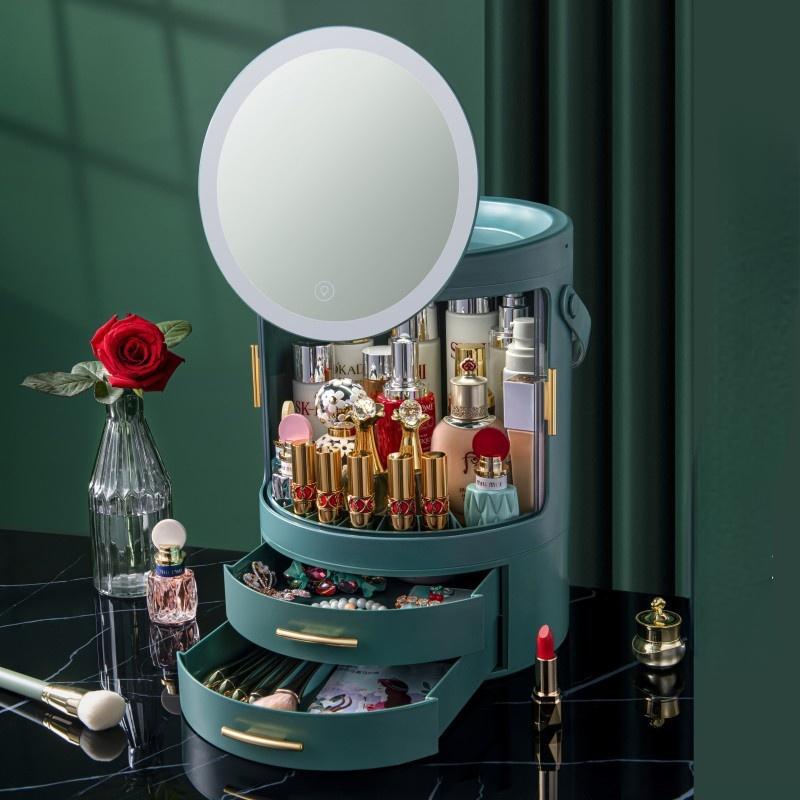

Ящик для хранения косметики Настольный пыленепроницаемый с зеркалом Встроенные средства по уходу за кожей Полка для туалетного столика Коробка для макияжа зелёный