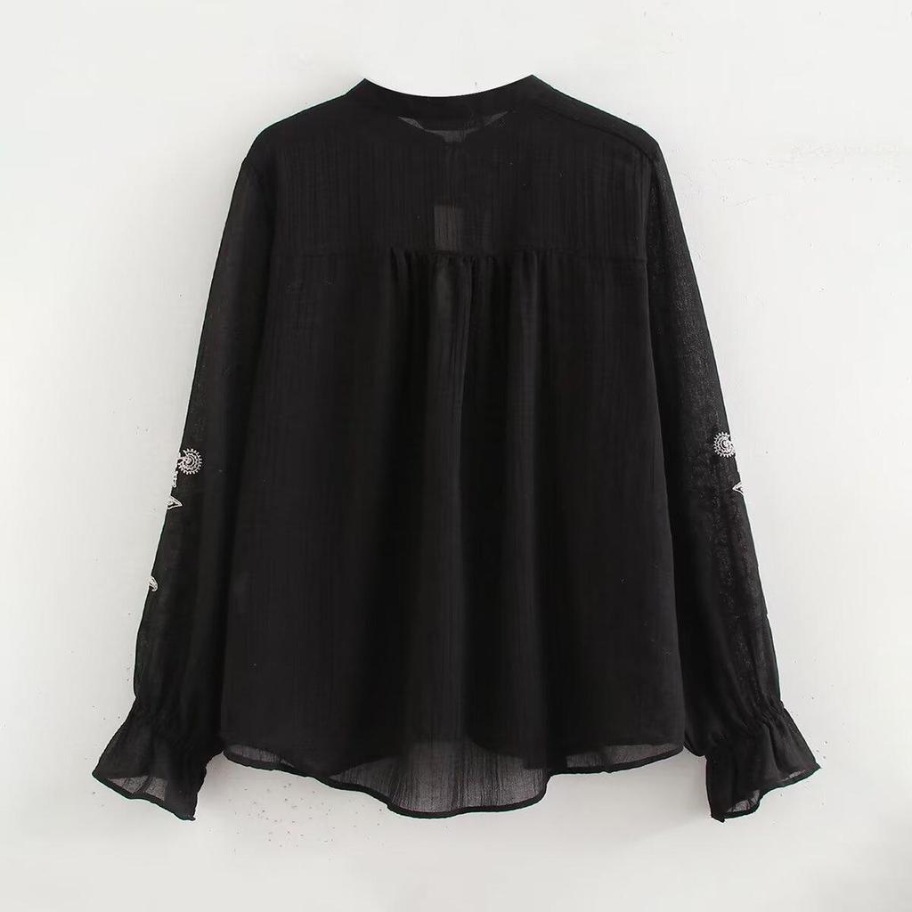 2024 Autumn Women's European & American Style Loose Embroidered Long Sleeve Shirt