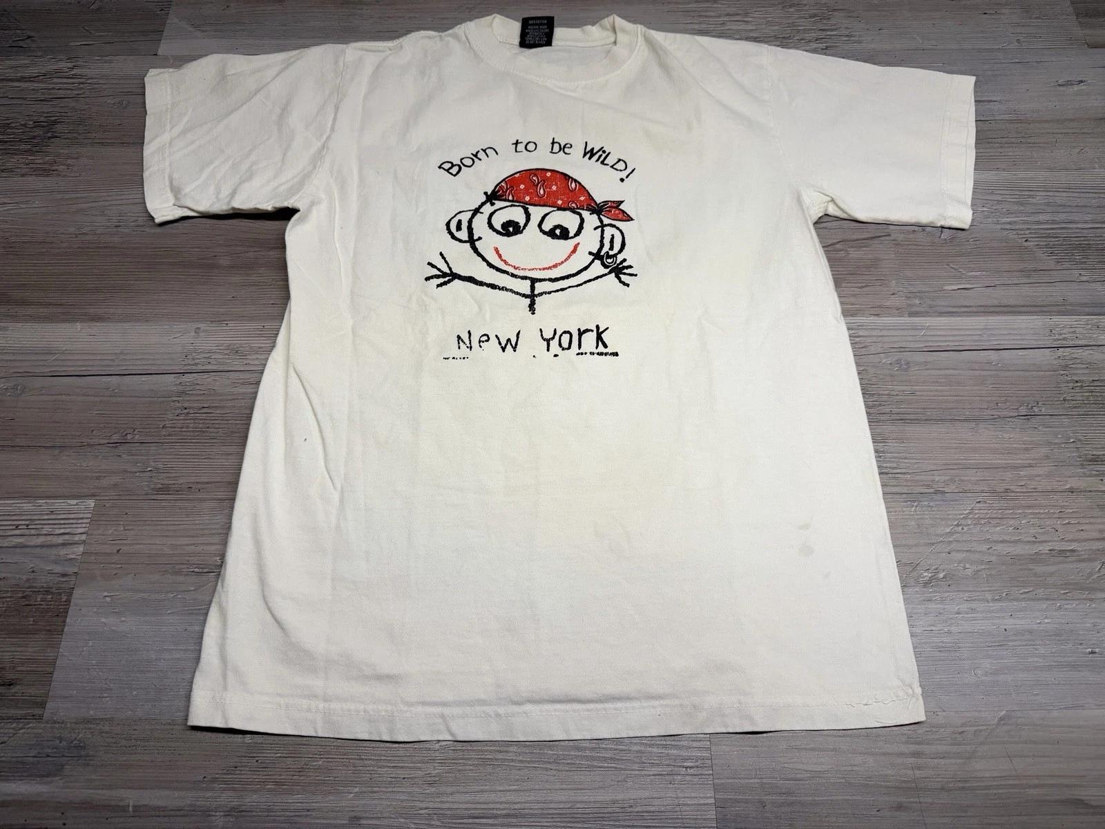 Vintage New York T-Shirt Size Medium Born To Be Wild Cartoon Pirate Graphic Tee 2XL