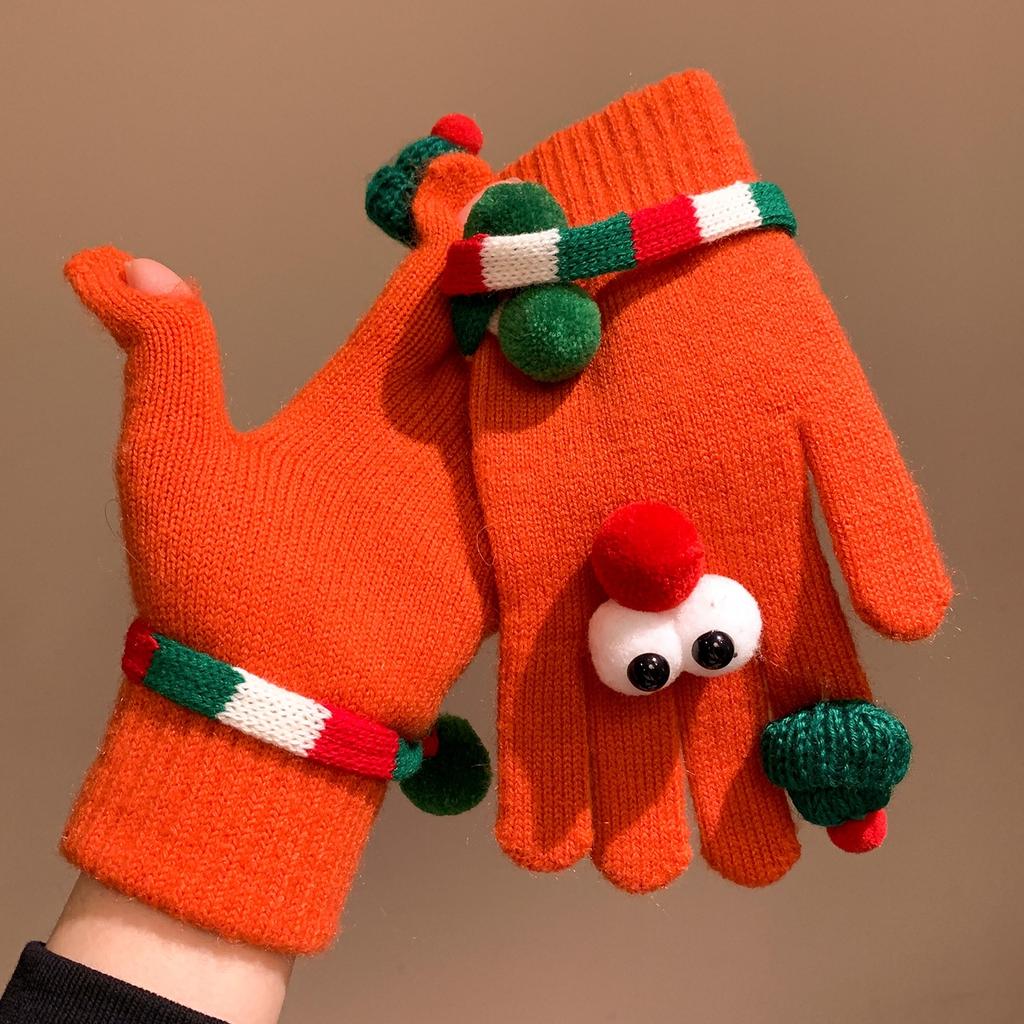 Funny and Cute Red Christmas Tree Big Eyed Gloves for Women In Winter Knitted Plush Warm Five Finger Windproof and Cold Proof
