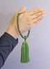 Nakago, founded in 1885, Kyoto-style prayer beads, green sandalwood, 2 shaku (1.5 ft) beads, with matching silk tassel and prayer bead pouch