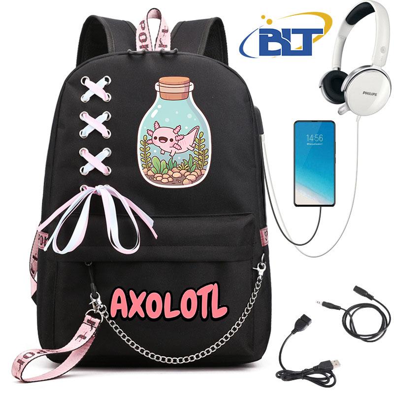 Cute Axolotl Printed Student Schoolbag for Girls Black Backpack Usb Kids Casual Bag Back To School Gift