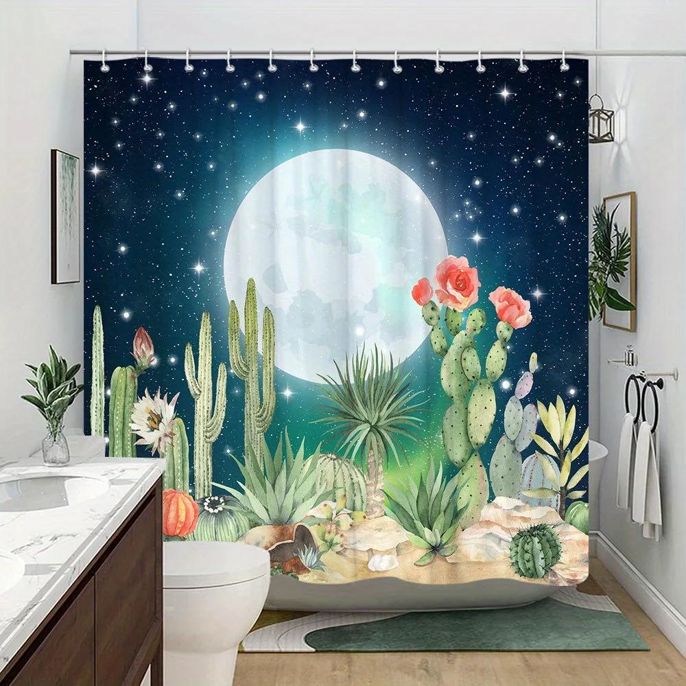 Dreamy Night Sky Shower Curtain - Full Moon & Cacti, Soft Watercolor Polyester, 12 Hooks, Vibrant Desert Landscape Bath Decor