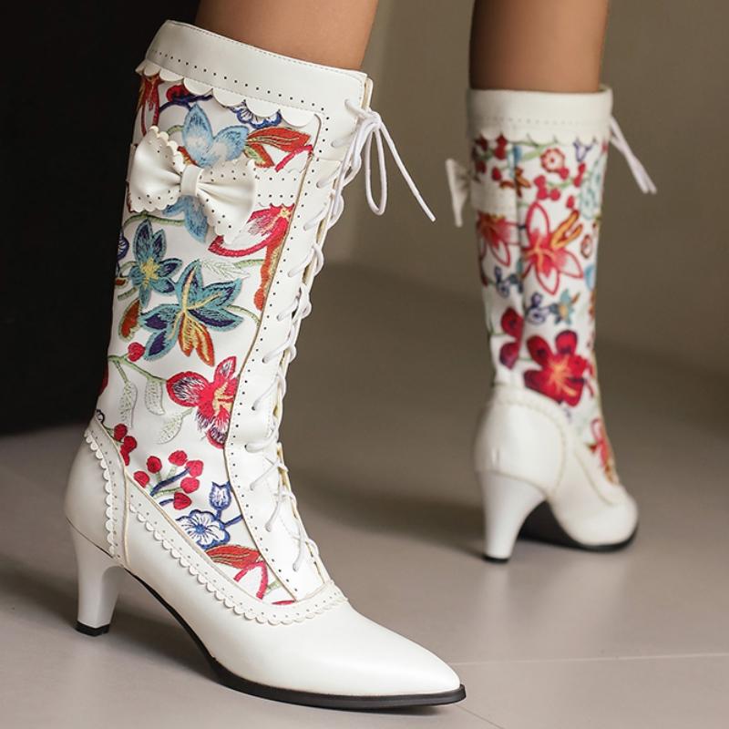 Autumn Winter Mid-calf Boots Women Fashion Flower White Black Boot Elegant Lace-up Low Heels Party Shoes for Girls Big Size 45