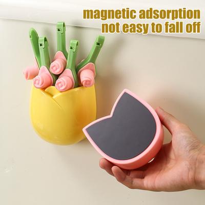 Magnetic Fridge Storage Box Tulip Shape Kitchen Utensils Holder Cutlery Organizer Flower Bag Spout Clips for Refrigerator Microwave Storage