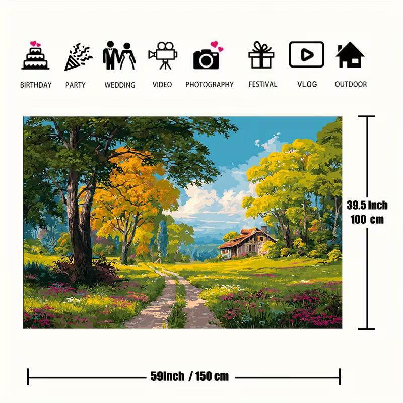 2D Fall Meadow Cottage Backdrop Oil Painting Nature Scenery Photography Background