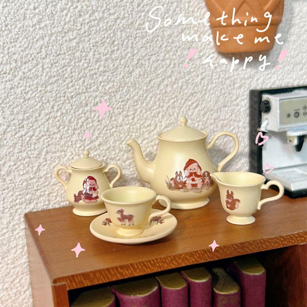 5Pcs/Set Model Miniature Porcelain Tea Cup Set Teapot Miniature Scene Toy  Dollhouse Accessories