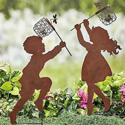 1 Pair Silhouette Art Model Little Boy Girl Shape Character Silhouette Art Ornament Garden Decor Stakes
