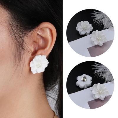 Boucles d'oreilles Puces Bijoux Incrustés Mode Grande Fleur Blanche Camélia Perle Simulée
