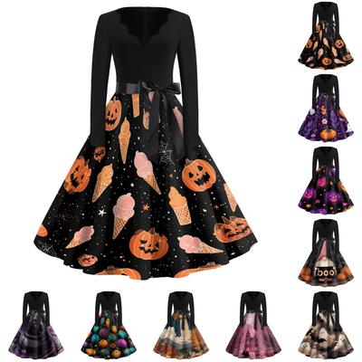 Women's Vintage Halloween Print V Neck Dress Long Sleeve Retro Fit and Flare Dress with Waist Tie Belt Casual Party Dress