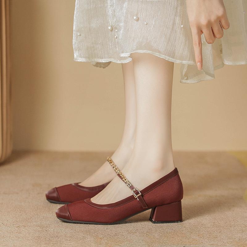 Spring French Retro Burgundy Wedding Shoes Shallow Mouth Mary Jane Square Head Thick Heel One Word Buckle Belt Single Shoes Women